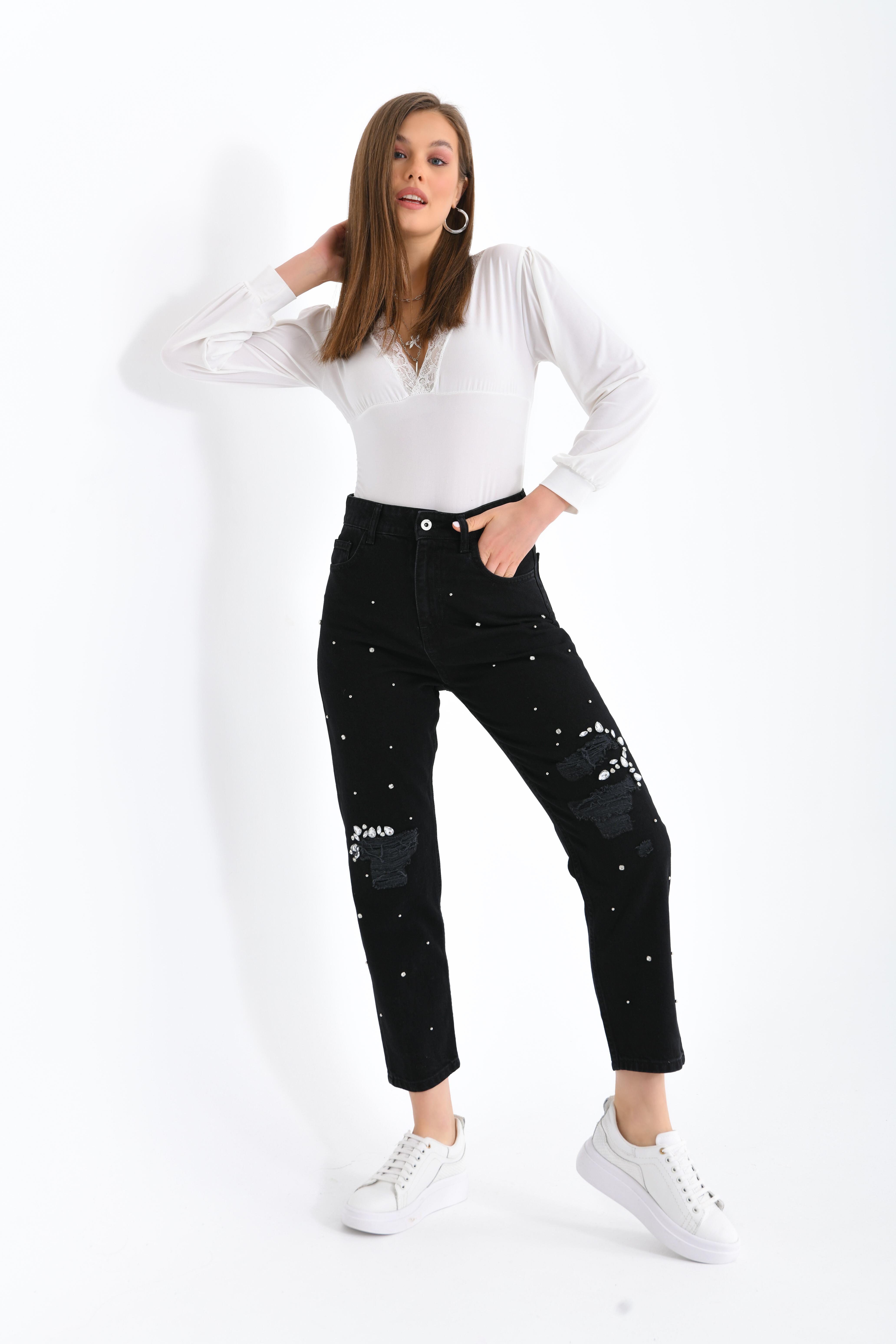 FTZ Women Kadın Taşlı Jean Pantolon  Siyah RBN3065