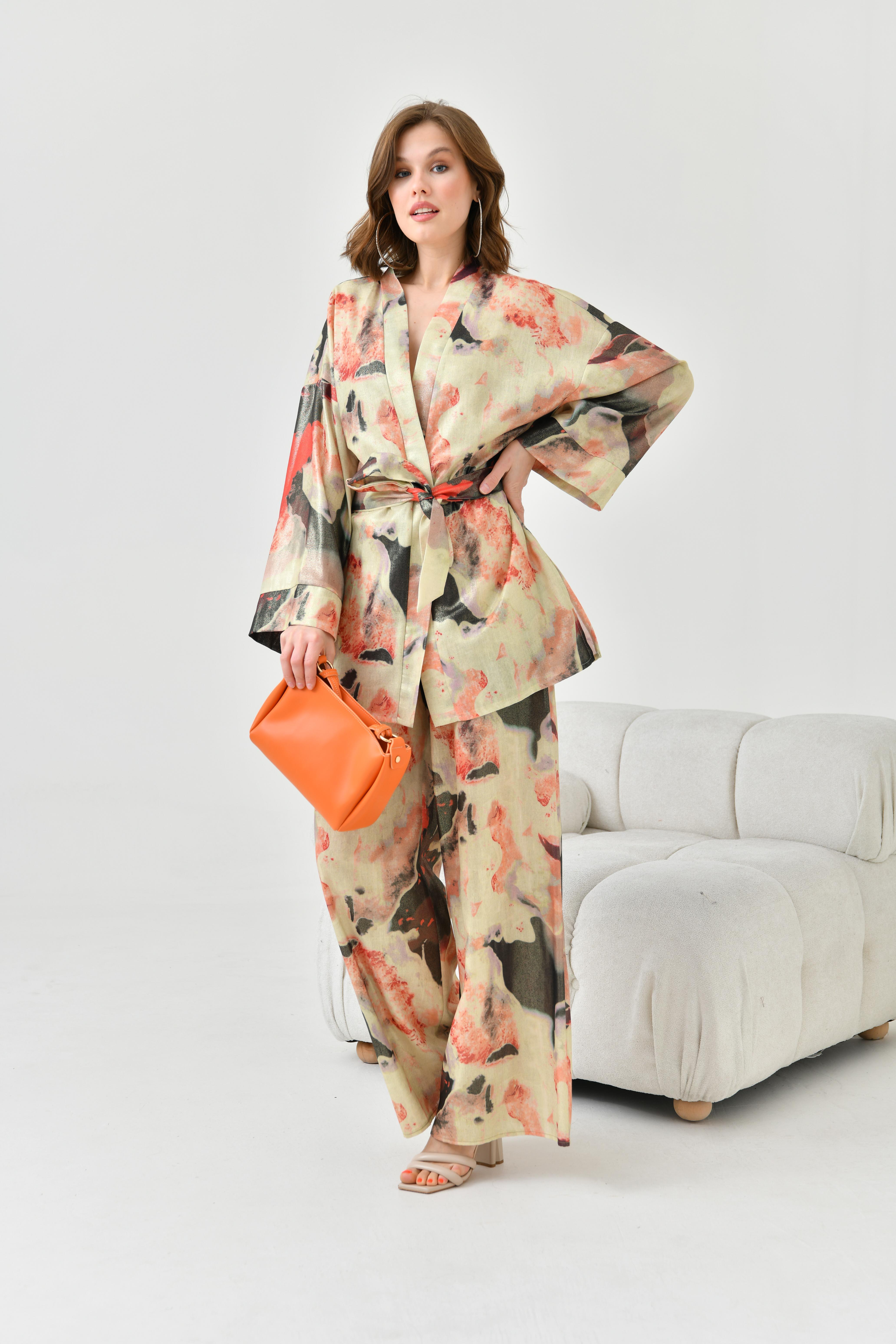 FTZ Women Kadın Varak Detay Kimono Takım Beige 30811