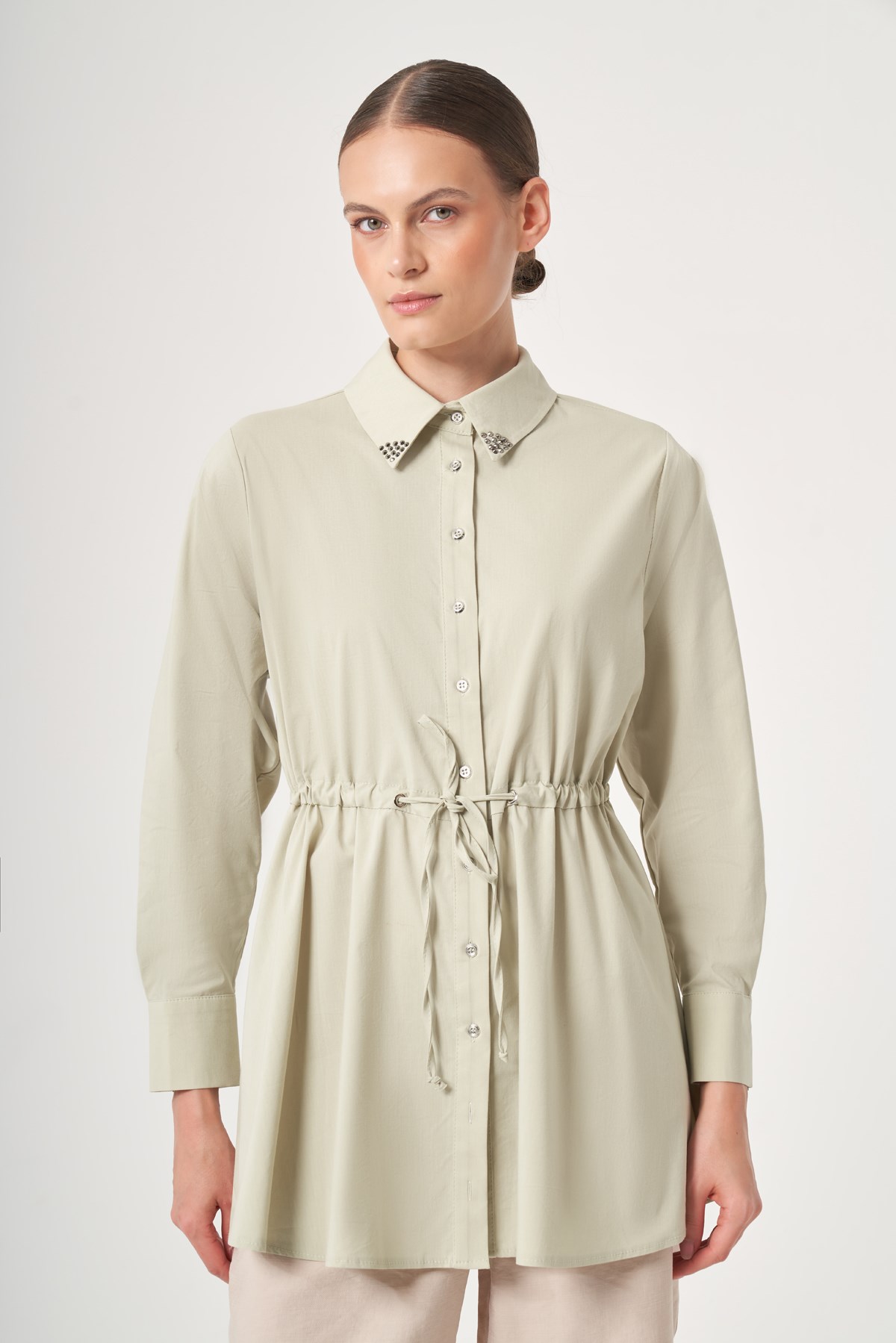 FTZ Women Kadın Yaka Trok Poplin Gömlek  Mint 31444