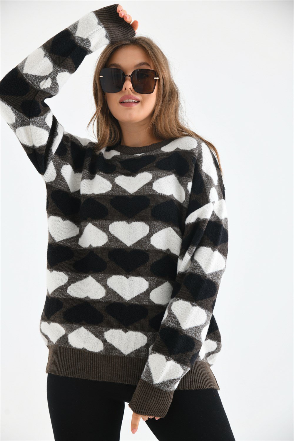 Kalp Desenli Bluz KAHVE