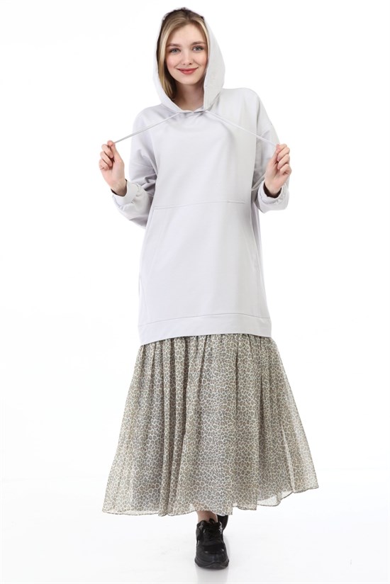 FTZ Women Kadın Leopar Desen Kapüşonlu Elbise GRİ