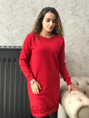 FTZ Eteği Dantelli Tunik - Kırmızı