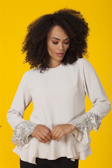 FTZ Women Kadın Kolu Pul Payet İşlemeli Bluz BEIGE