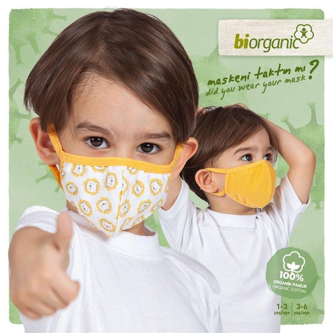 Bibaby Organik Maske 2li Aslanlı Beyaz - Hardal
