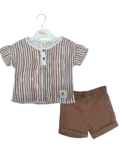 Divonette 2li Takım Şortlu Çizgi Baskılı Ekru - Kahverengi