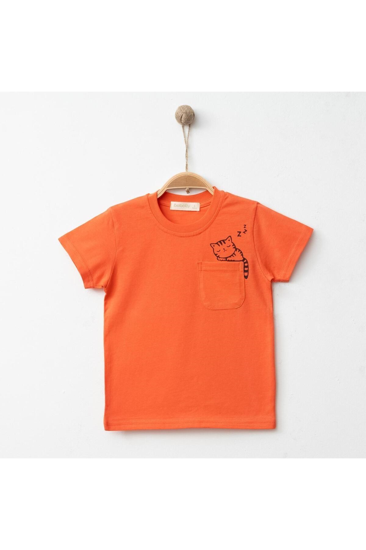 Hira T-Shirt Uykucu Kedi Baskılı Mercan