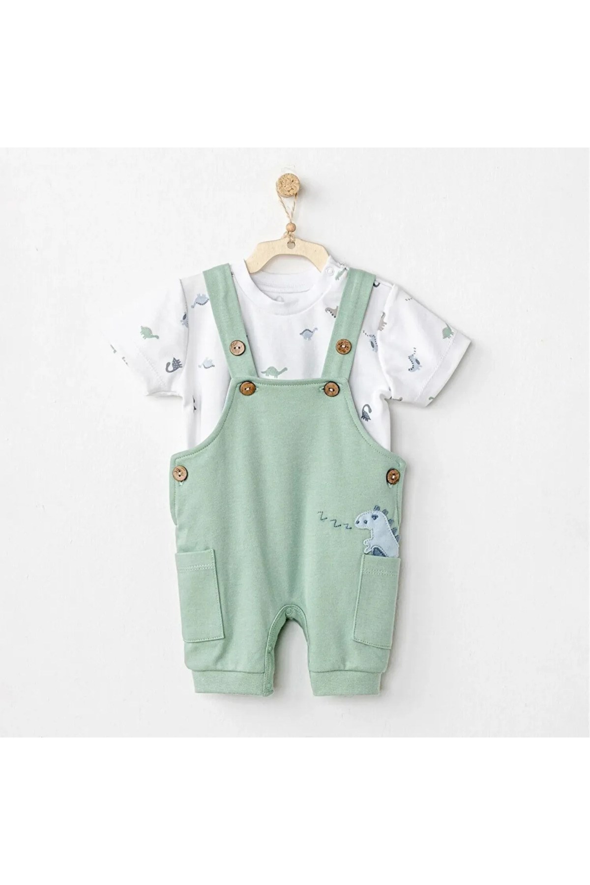 Andy Wawa Salopet Jumpsuit Dinosaur Yeşil - Beyaz