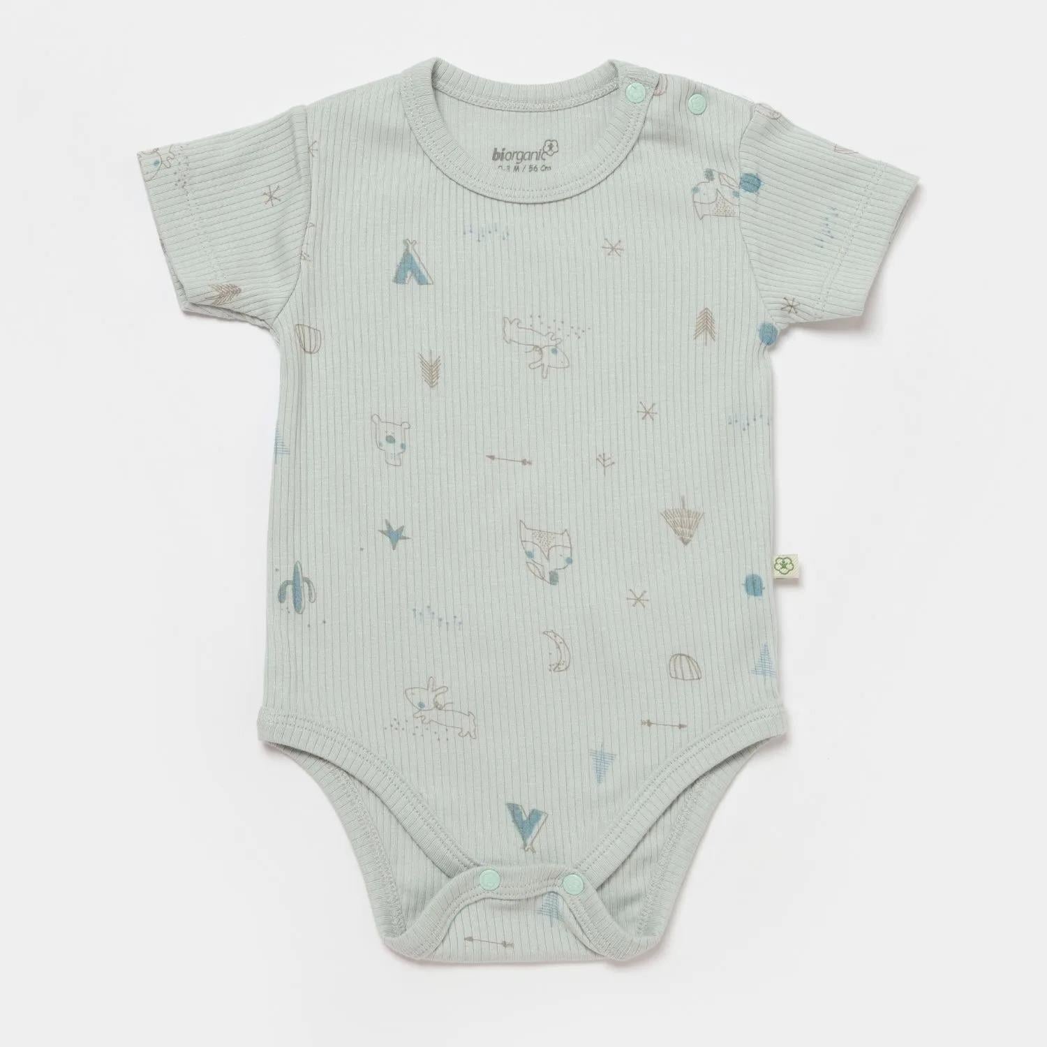 Bibaby Organik Body Kısa Kol Modal Happy Forest Bej - Mint