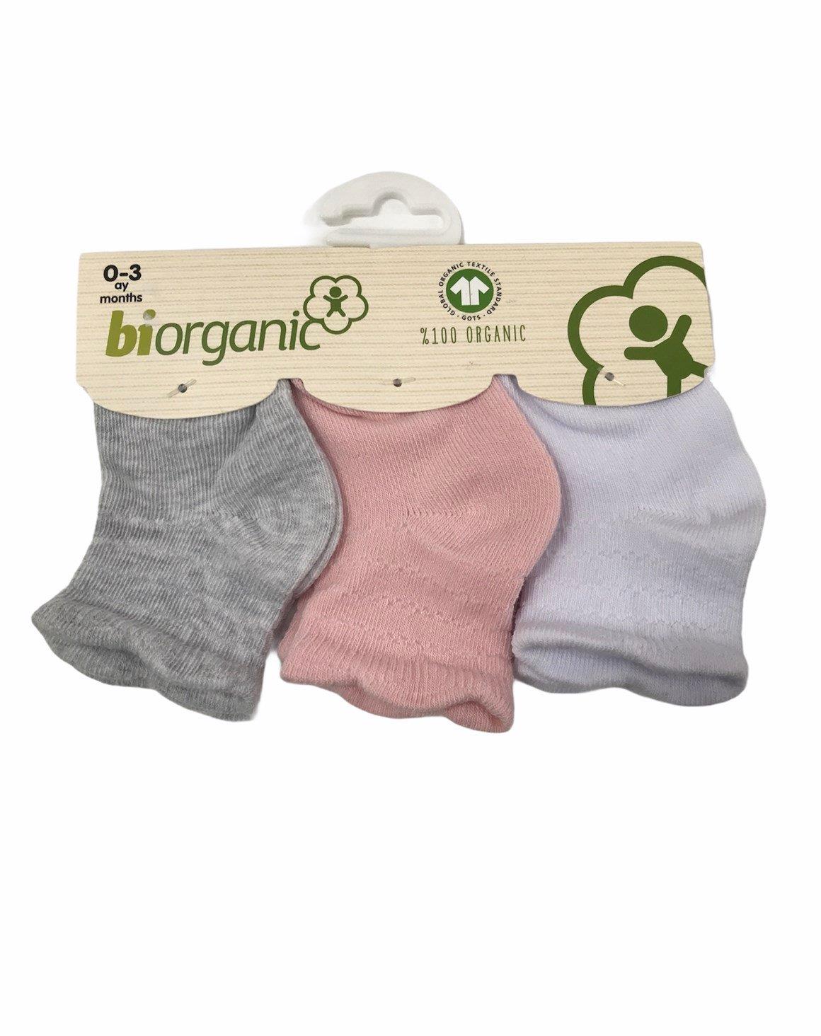 Bibaby Organik Çorap Soket 3lü Basic Desenli Beyaz - Pembe - Gri