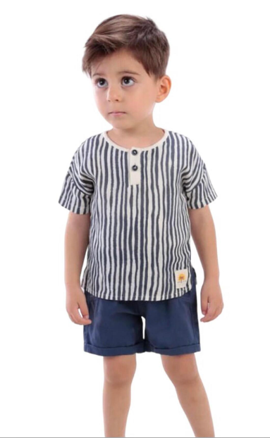 Divonette 2li Takım Şortlu Çizgi Baskılı Ekru - İndigo