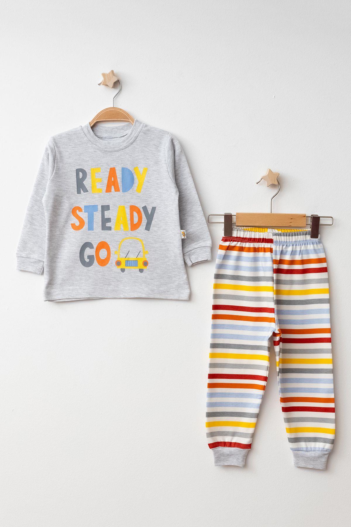 Mini Damla Pijama Takımı Penye Çizgili Gri Melanj