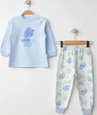 Mini Damla Pijama Takımı Penye Dinazor Emprime Mavi