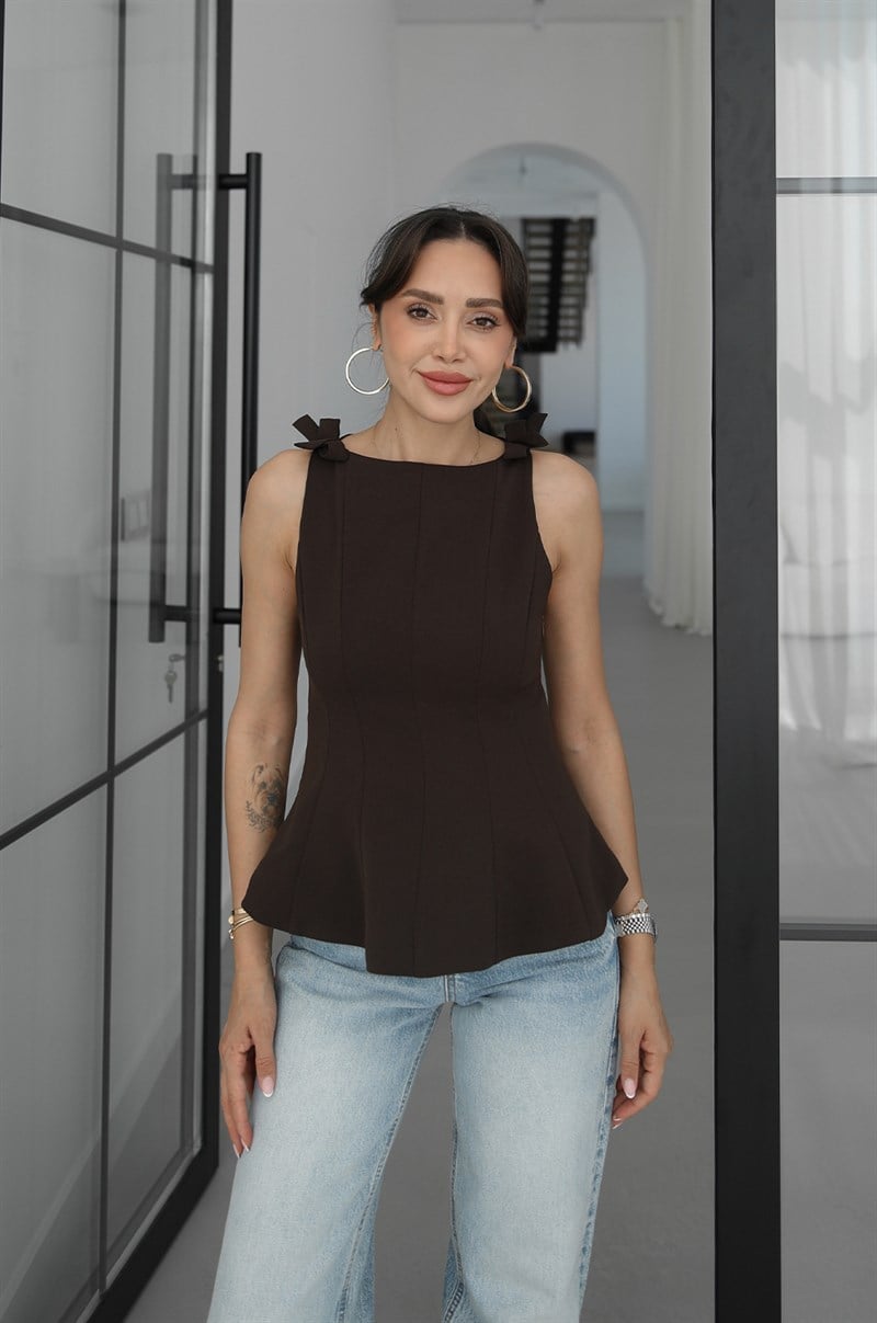 Acı Kahve Askıları Fiyonklu Volanlı Bluz