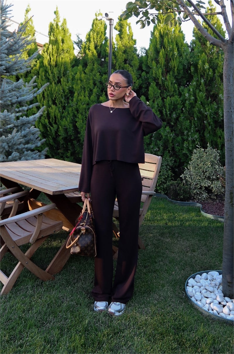 Acı Kahve Düşük Omuz Oversize Bluz Pantolon Takım 