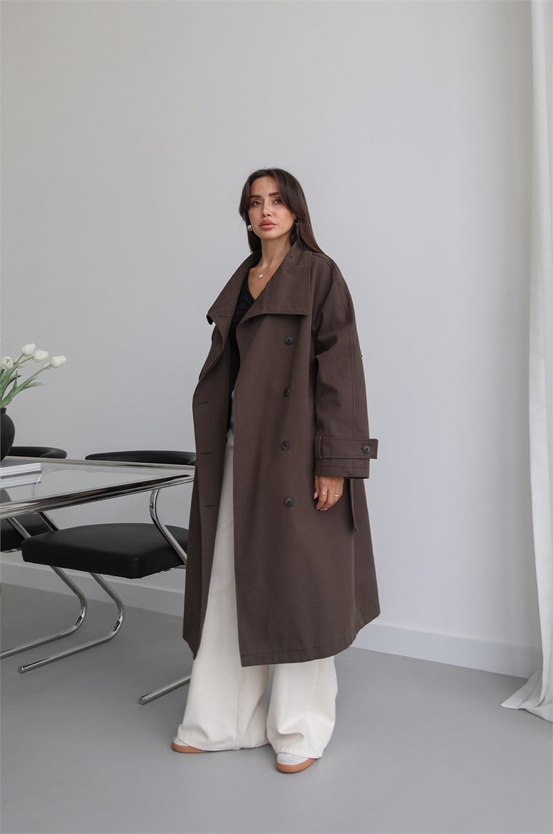 Acı Kahve Kareli Oversize Trençkot