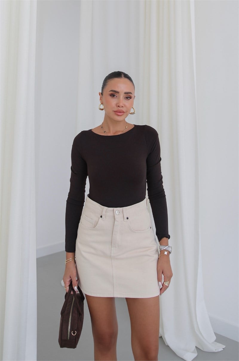Acı Kahve Kayık Yaka Uzun Kollu Bodysuit