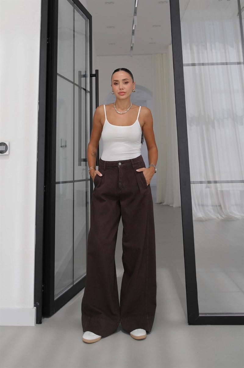 Acı Kahve Önü Tek Pileli Wide Leg Jean