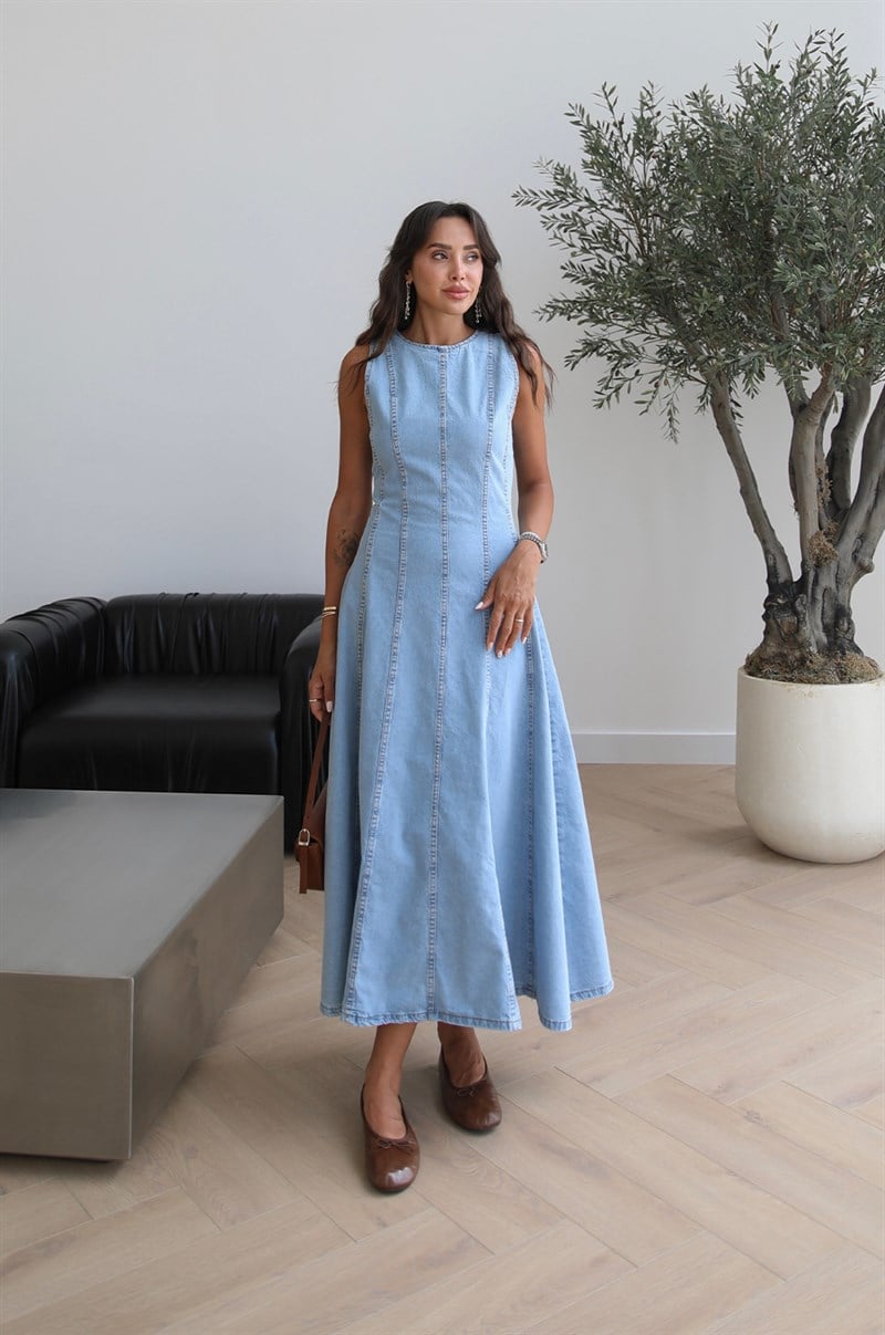 Açık Mavi Dikiş Detaylı Uzun Denim Elbise