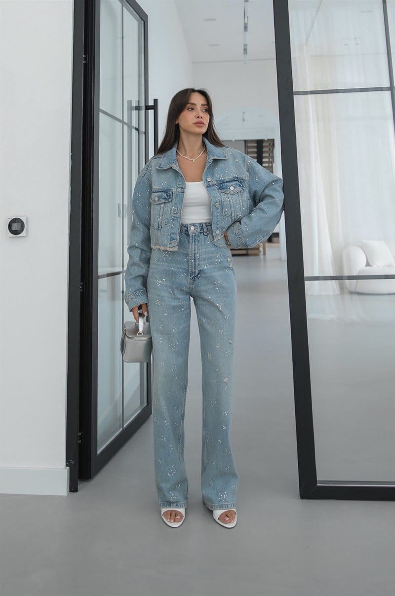 Açık Mavi Taşlı Yırtık Detaylı Denim Takım