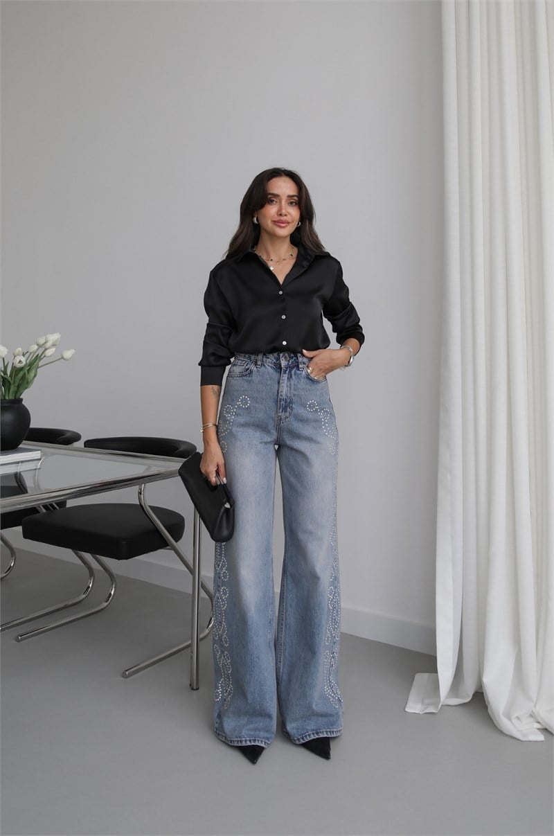 Açık Mavi Yanları Droplu Wide Leg Jean