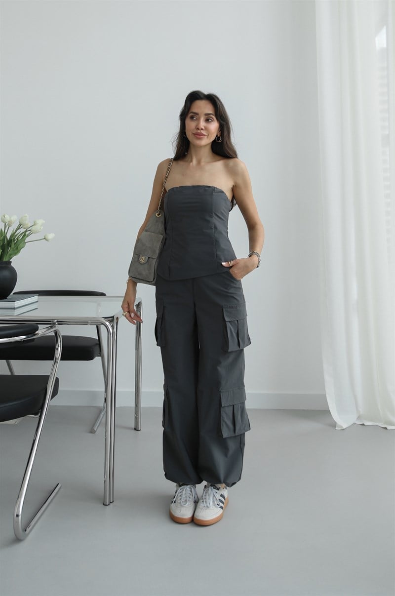Antrasit Paraşüt Straplez Bluz Pantolon Takım