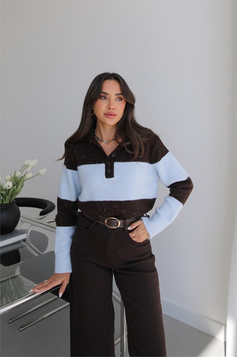 Bebe Mavisi Pullu Polo Yaka Çizgili Kazak