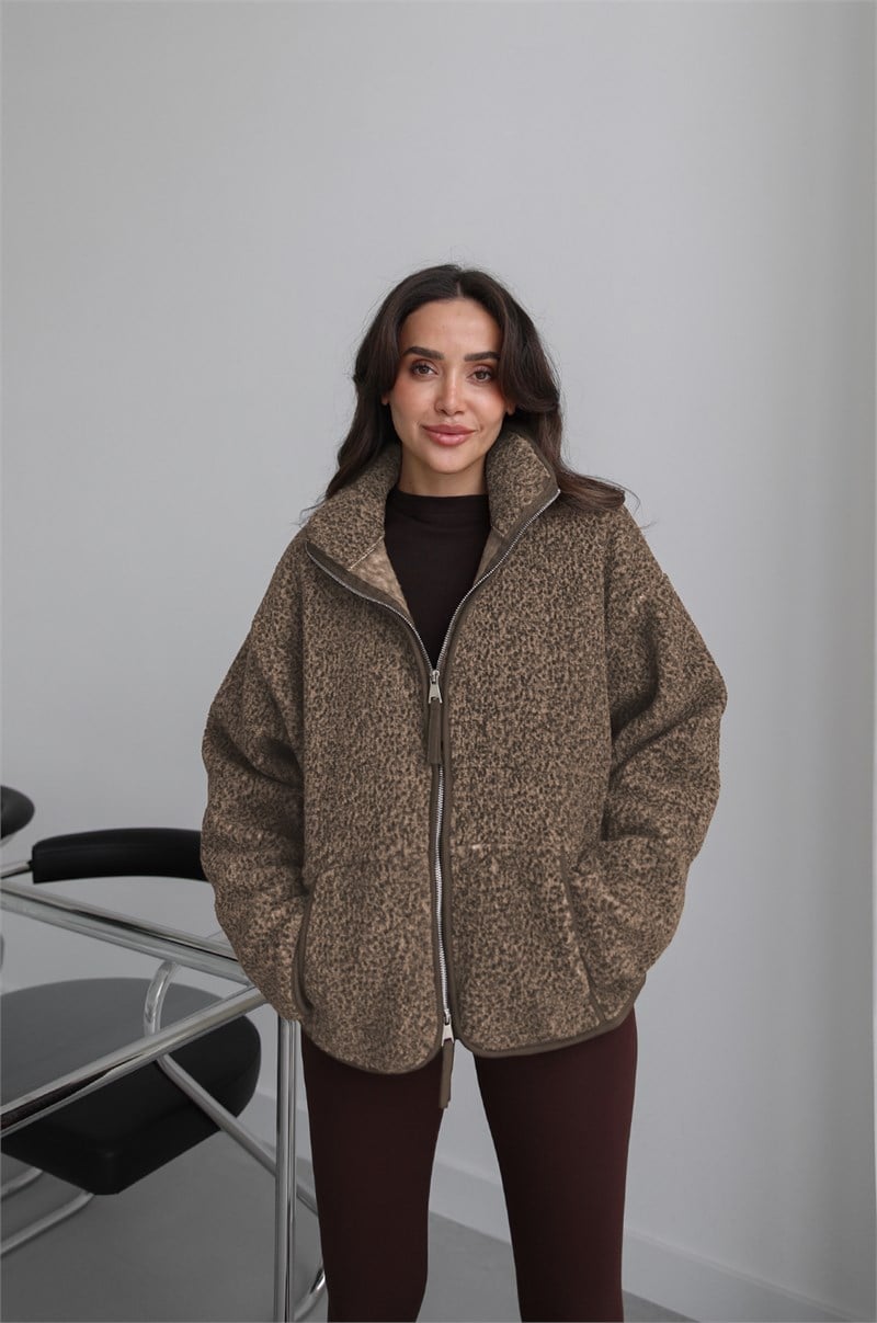 Bej Benek Desenli Fermuarlı Polar Ceket
