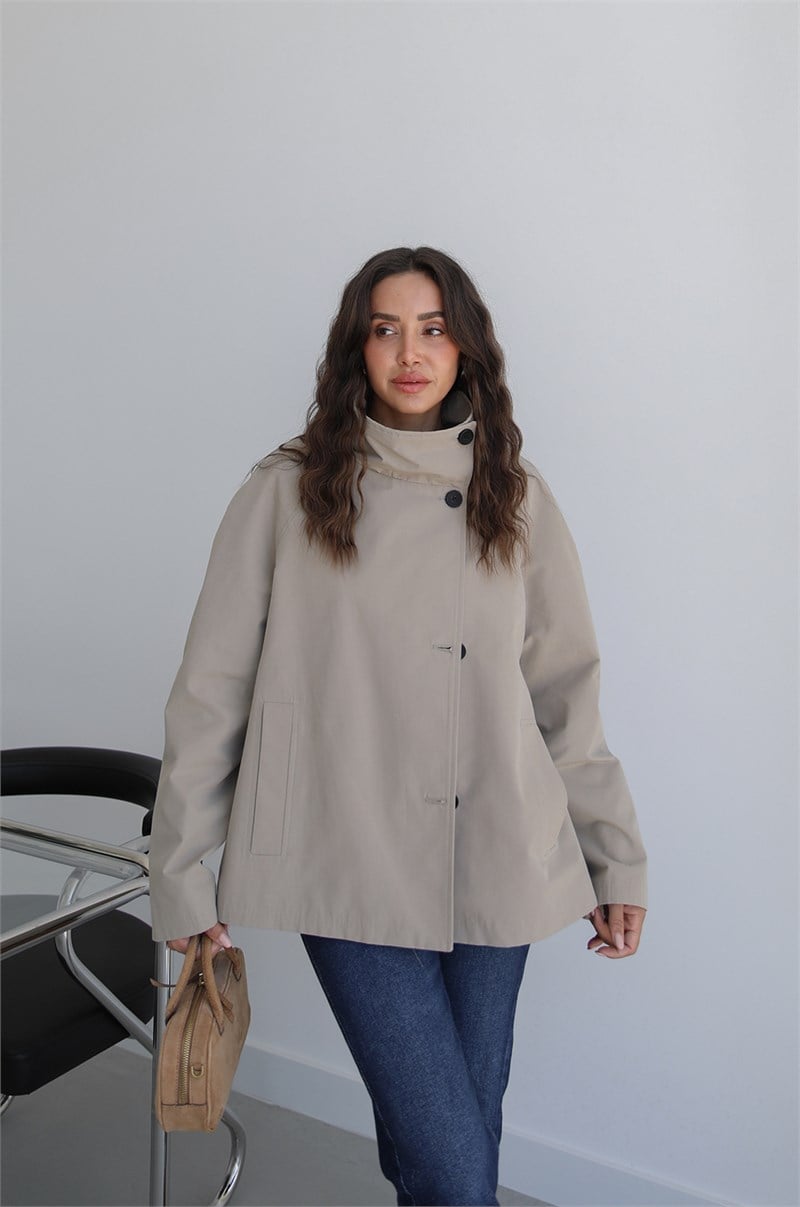 Bej Düğmeli Oversize Trençkot