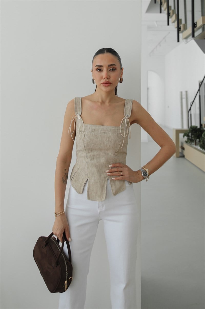 Bej İp Detaylı Keten Korse Bluz