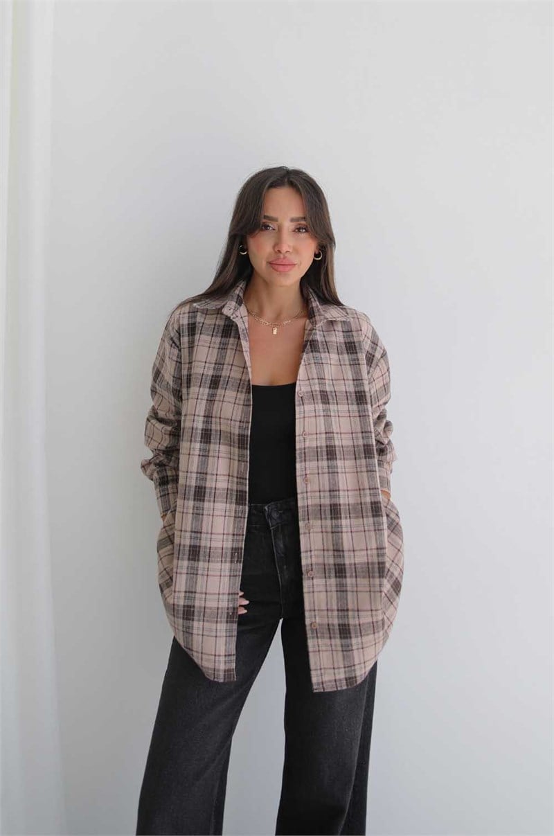 Bej Plaid Oduncu Ekose Gömlek