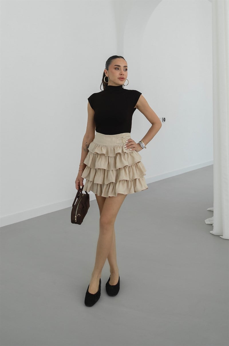 Bej Scala Kat Kat Şortlu Etek