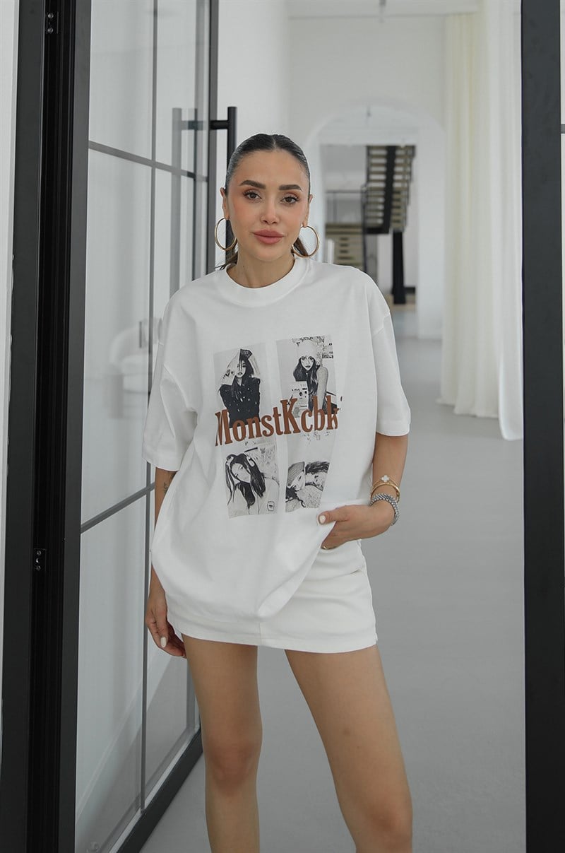 Beyaz Monstkcbki Baskılı Tişört