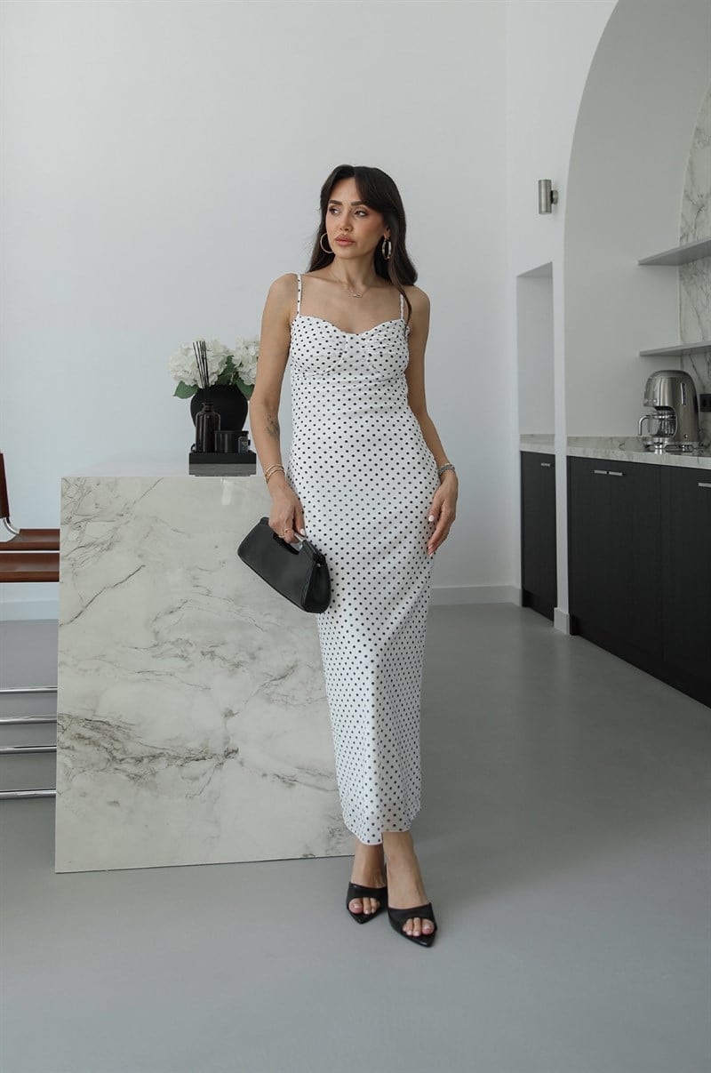 Beyaz Noir Puantiyeli Askılı Tül Elbise