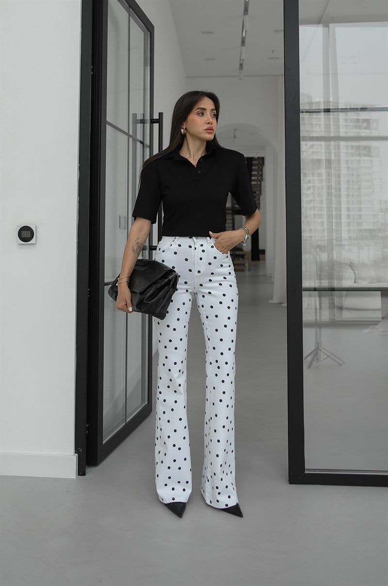 Beyaz Puantiyeli İspanyol Paça Jean