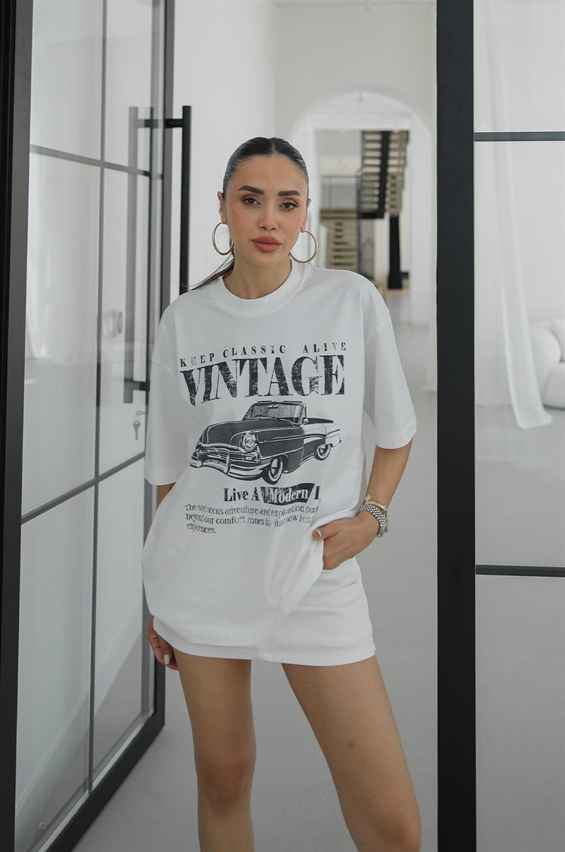 Beyaz Vintage Car Baskılı Tişört
