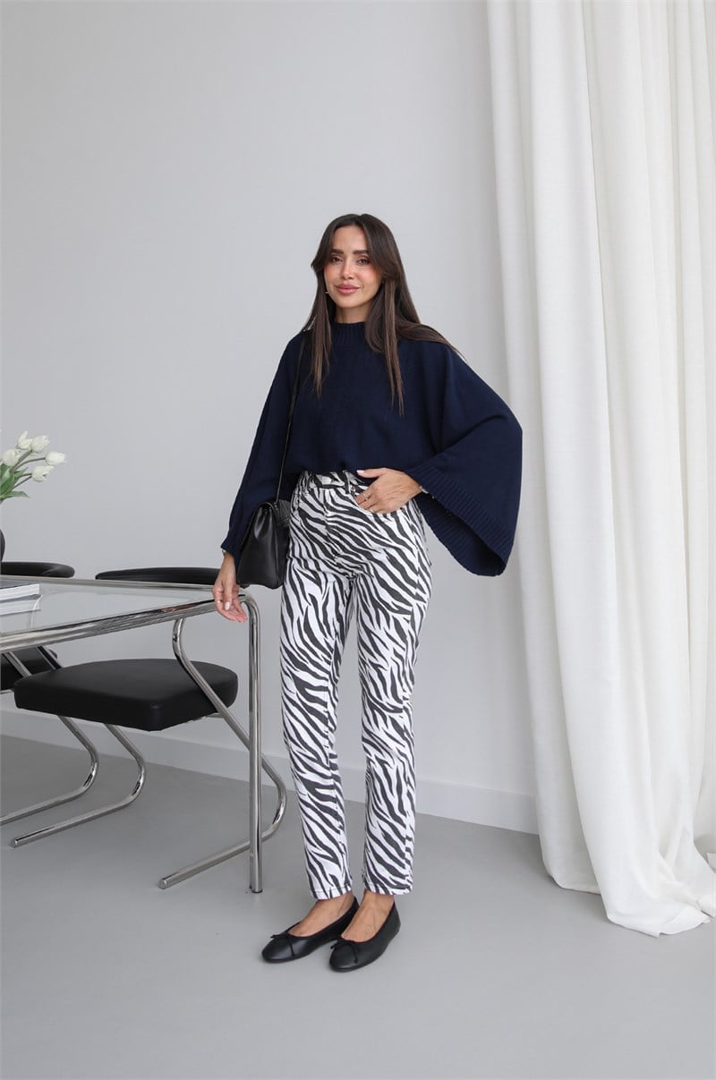 Beyaz Zebra Desen Boy Fit Jean