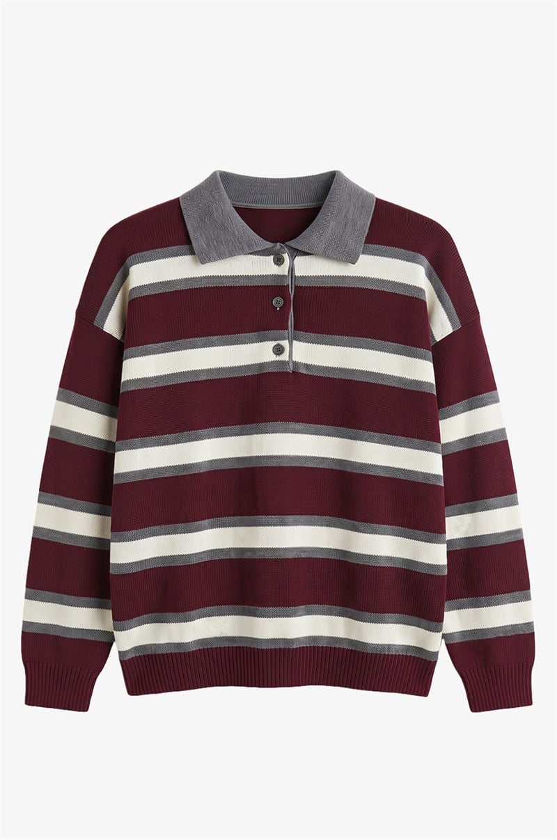 Bordo Andy Çizgili Polo Yaka Kazak