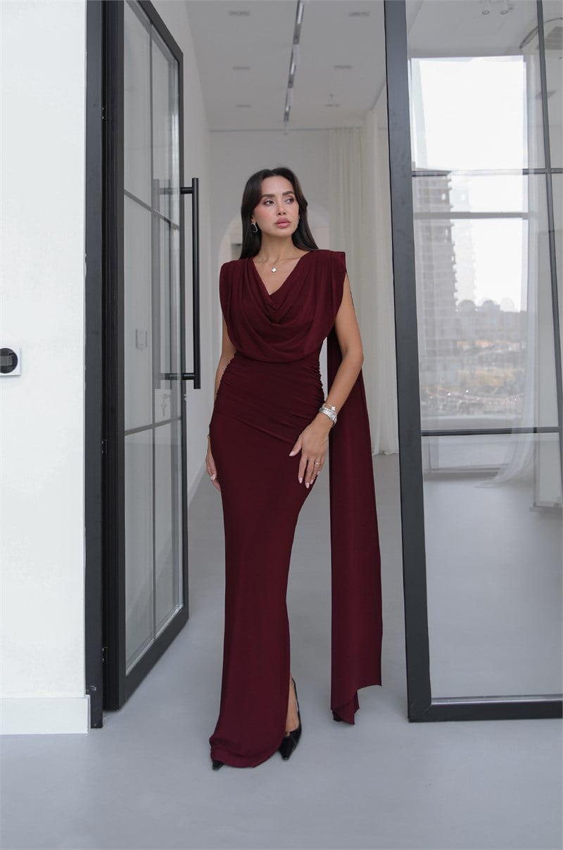 Bordo Bianca Degaje Yaka Elbise