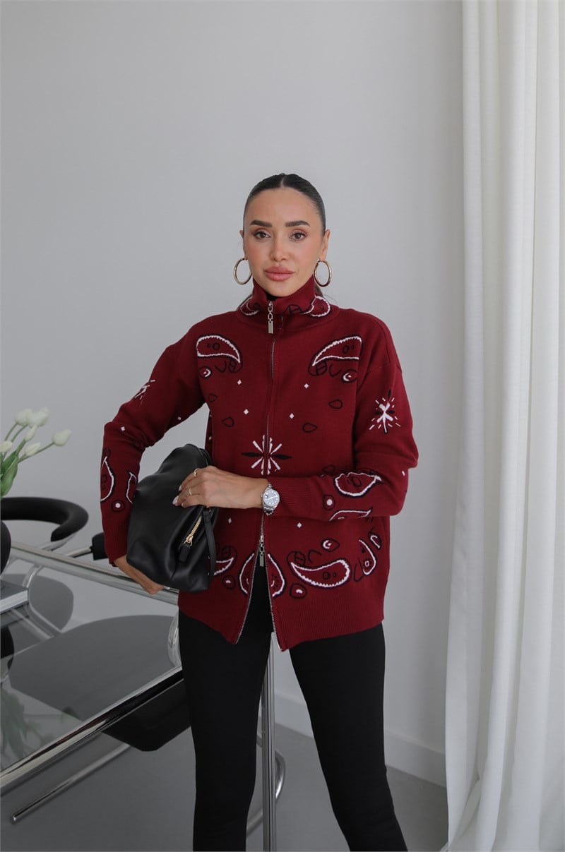 Bordo Damla Desenli Örgü Hırka
