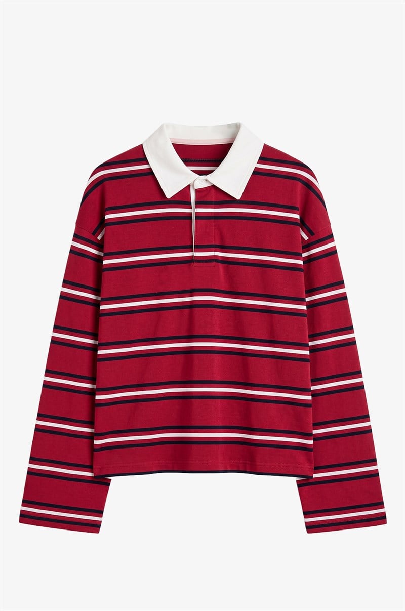 Bordo Gömlek Yakalı Çizgili İnce Sweatshirt