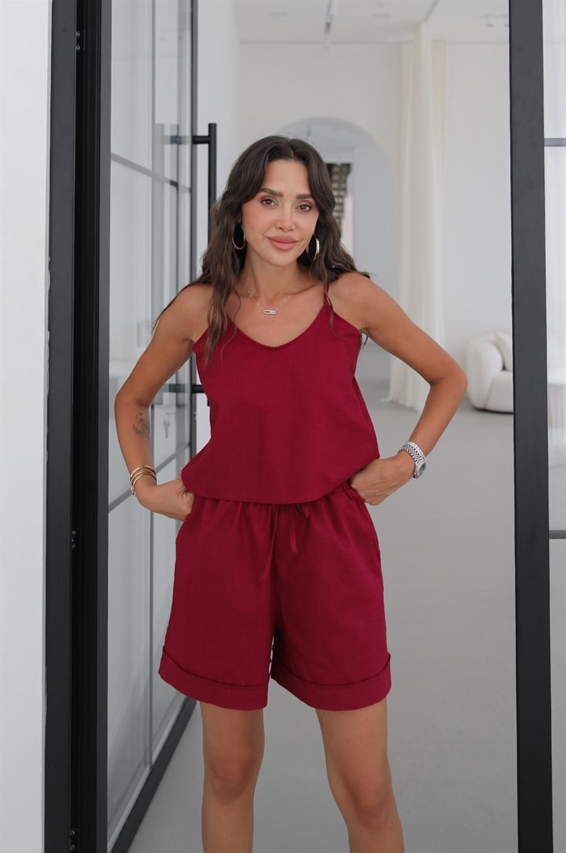 Bordo Riley Askılı Bluz Şort Keten Takım