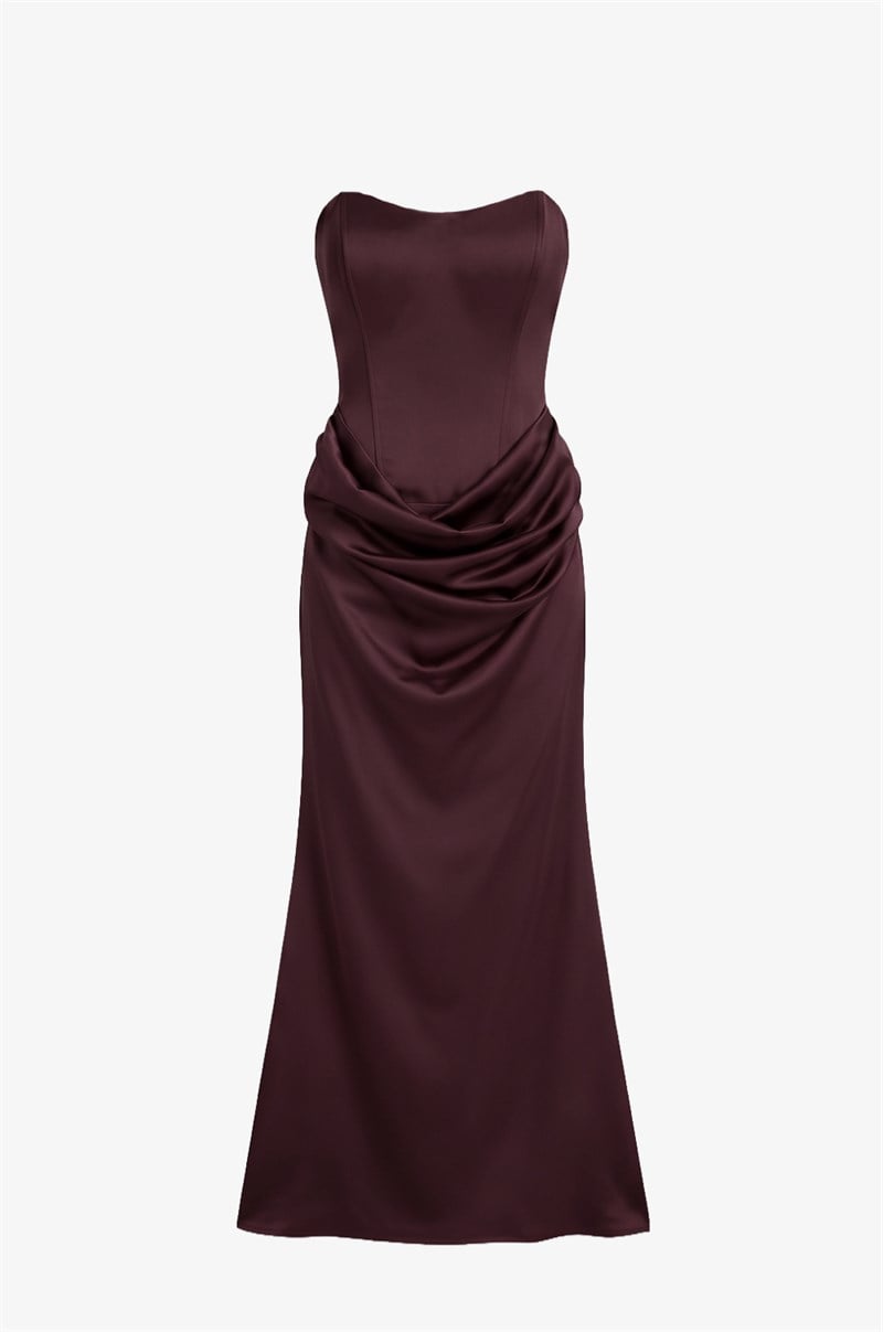 Bordo Vesper Drape Detaylı Straplez Elbise