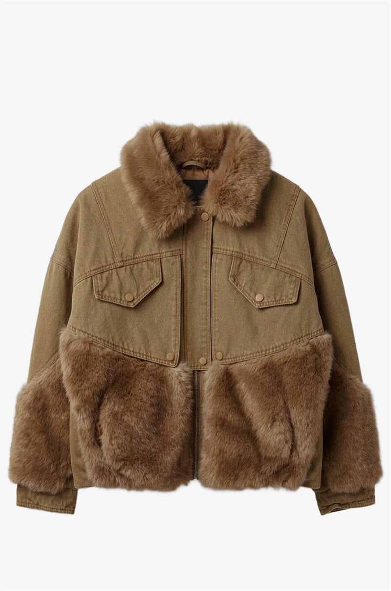 Camel Peluş Kürk Garnili Denim Mont