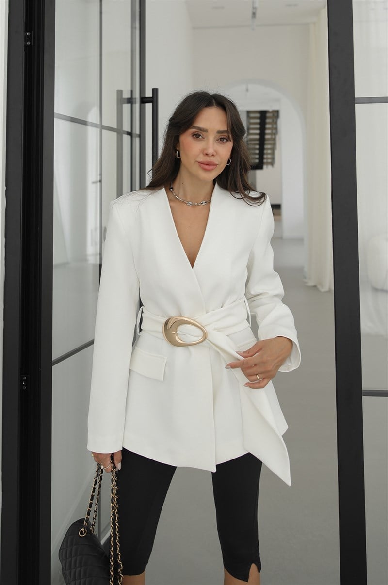 Ekru Büyük Gold Tokalı Blazer Ceket