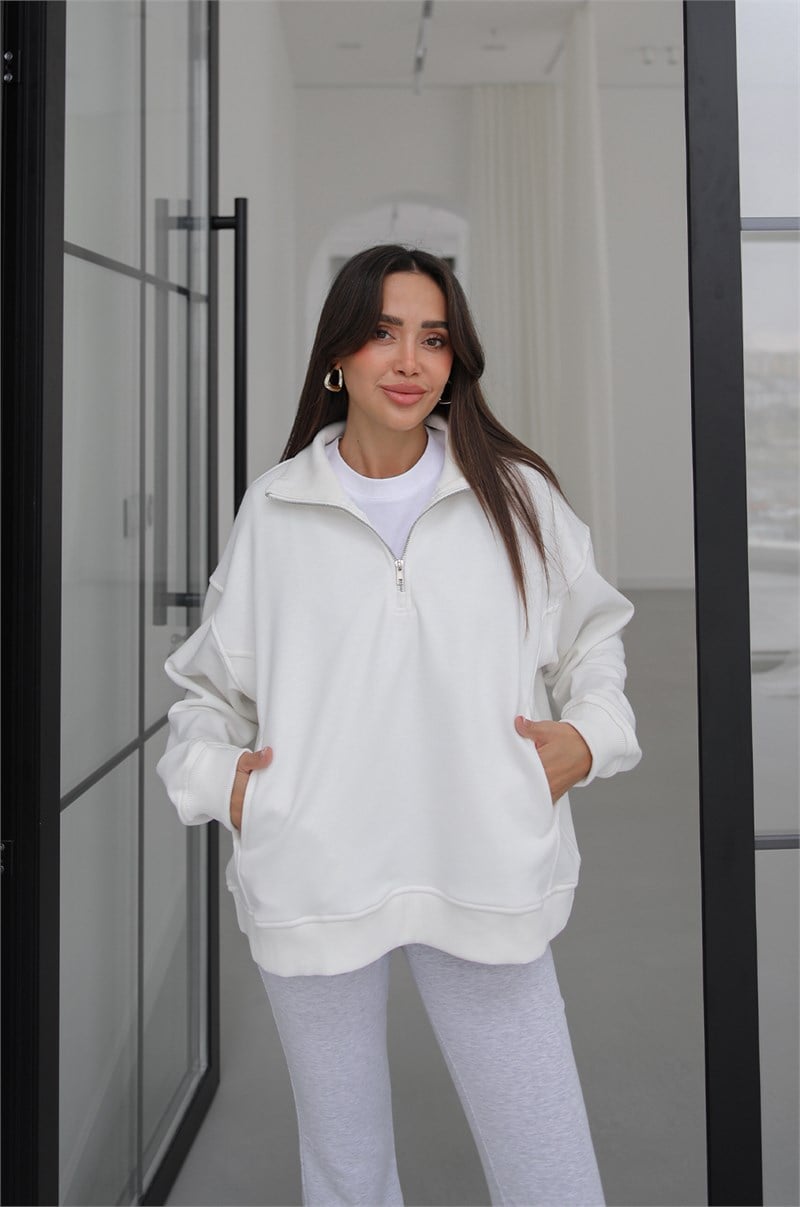Ekru Collar Fermuarlı Dik Yaka Sweatshirt
