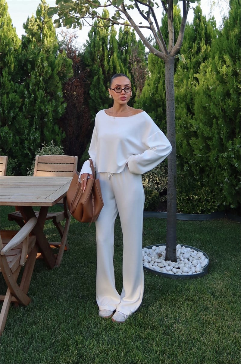 Ekru Düşük Omuz Oversize Bluz Pantolon Takım 