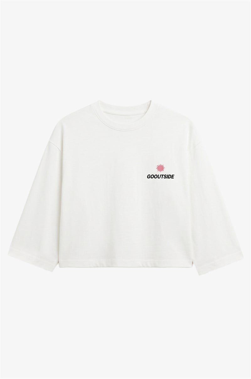 Ekru Go Outside Baskılı Sweatshirt