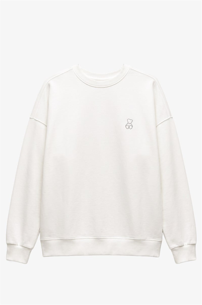 Ekru Göğsü Mini Taşlı Sweatshirt