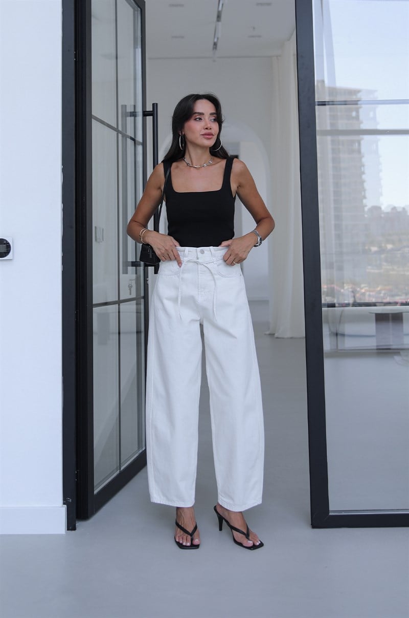 Ekru İp Kemerli Mom Jean