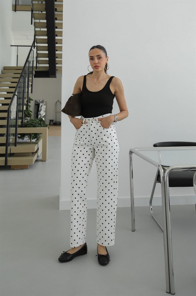 Ekru Kahve Puantiyeli Straight Jean